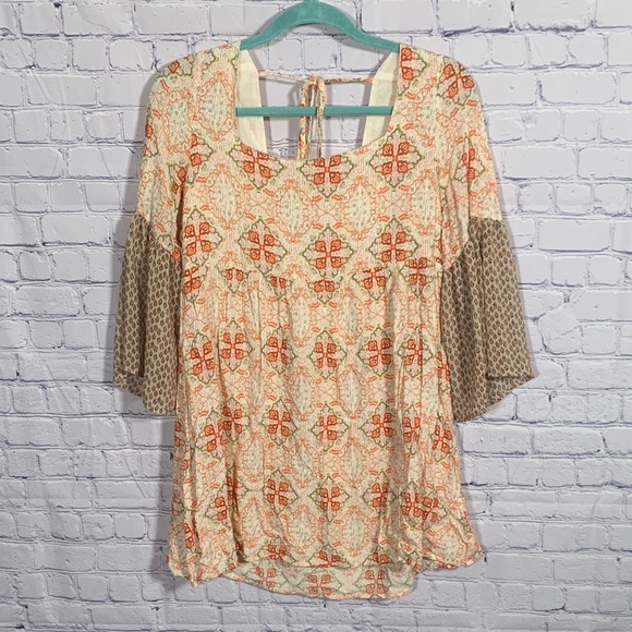 Umgee Tops - Umgee Womens Baybdoll 3/4 Bell Sleeve Flowy Top Orange Printed Sz S Boho Hippie